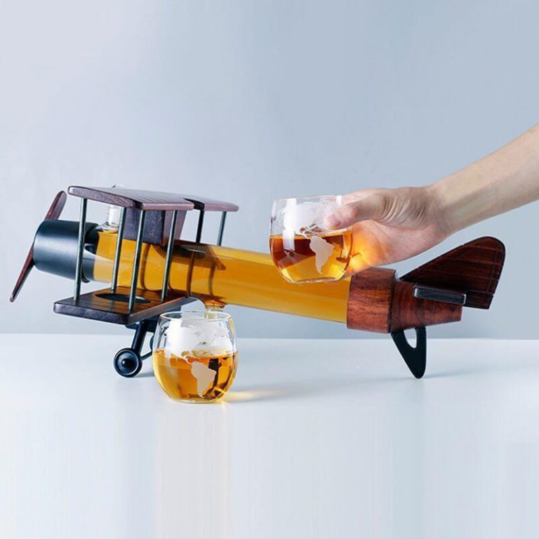 Airplane Whiskey Decanter with 2 Globe Wine Glasses Set Wizzgoo