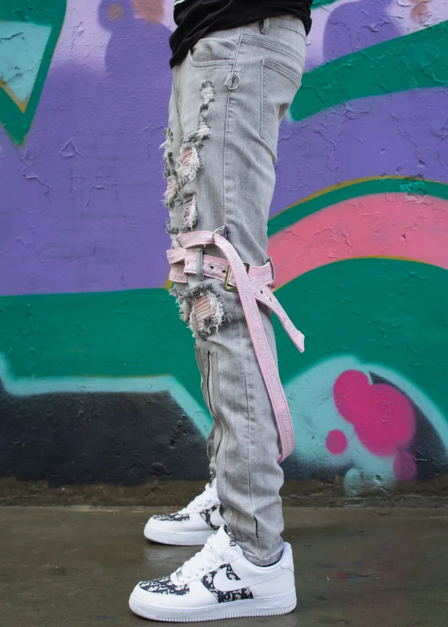Locked & Loaded Jeans – Straps And Stones – Grey And Pink – LL102 - Image 4