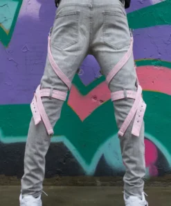Alternative view of Locked & Loaded Jeans – Straps And Stones – Grey And Pink – LL102