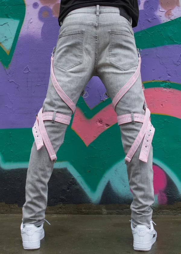 Locked & Loaded Jeans – Straps And Stones – Grey And Pink – LL102 - Image 2