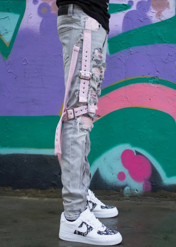Locked & Loaded Jeans – Straps And Stones – Grey And Pink – LL102 - Image 3