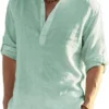 2022 Men's Cotton Linen Henley Shirt Long Sleeve Hippie Casual Beach T Shirts
