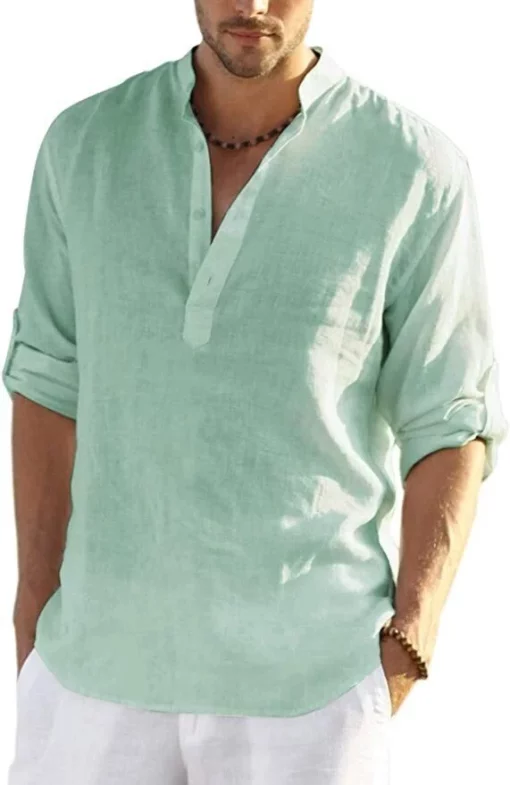 2022 Men's Cotton Linen Henley Shirt Long Sleeve Hippie Casual Beach T Shirts
