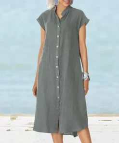 5 Colors Short Sleeve Casual Cotton Linen Shirt Dress