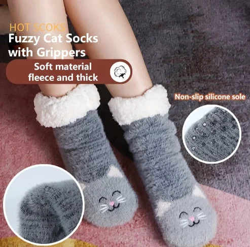 Women Fuzzy Cat Socks with Grippers