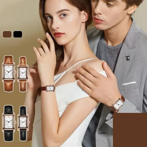 Leather Band Diamonds Inlaid Trendy Square Couple Watch
