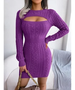Sexy hollow twist waist wrapped hip skirt sweater dress