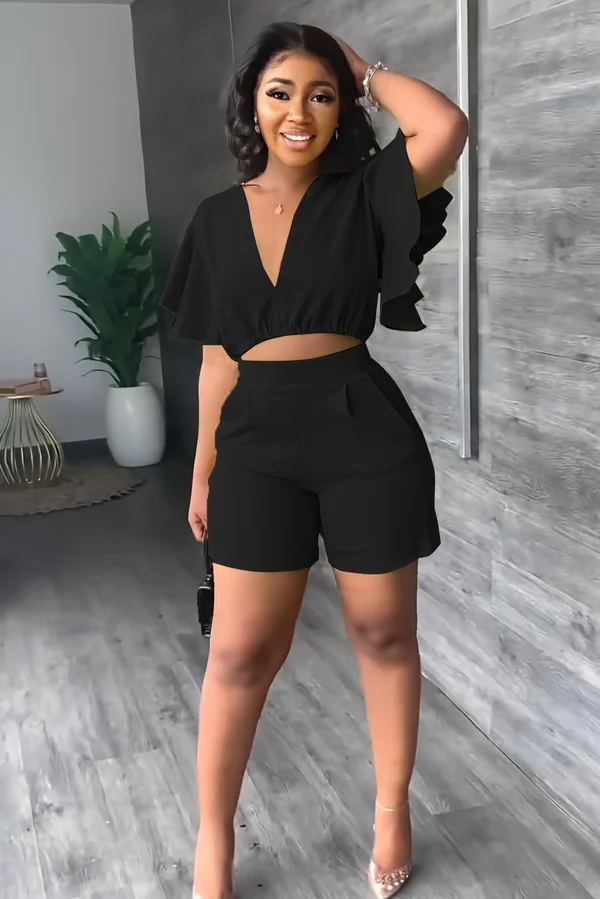V Neck Ruffled Casual Two Piece Shorts Set - Image 13