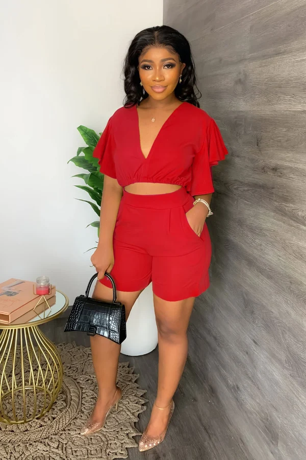 V Neck Ruffled Casual Two Piece Shorts Set - Image 11