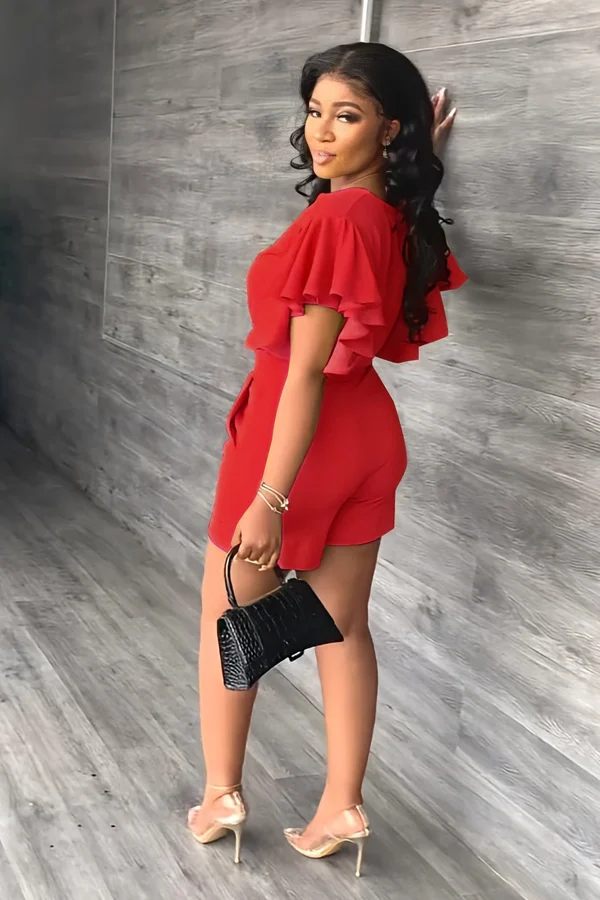 V Neck Ruffled Casual Two Piece Shorts Set - Image 9