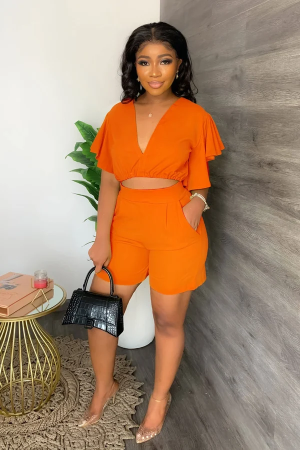 V Neck Ruffled Casual Two Piece Shorts Set - Image 21