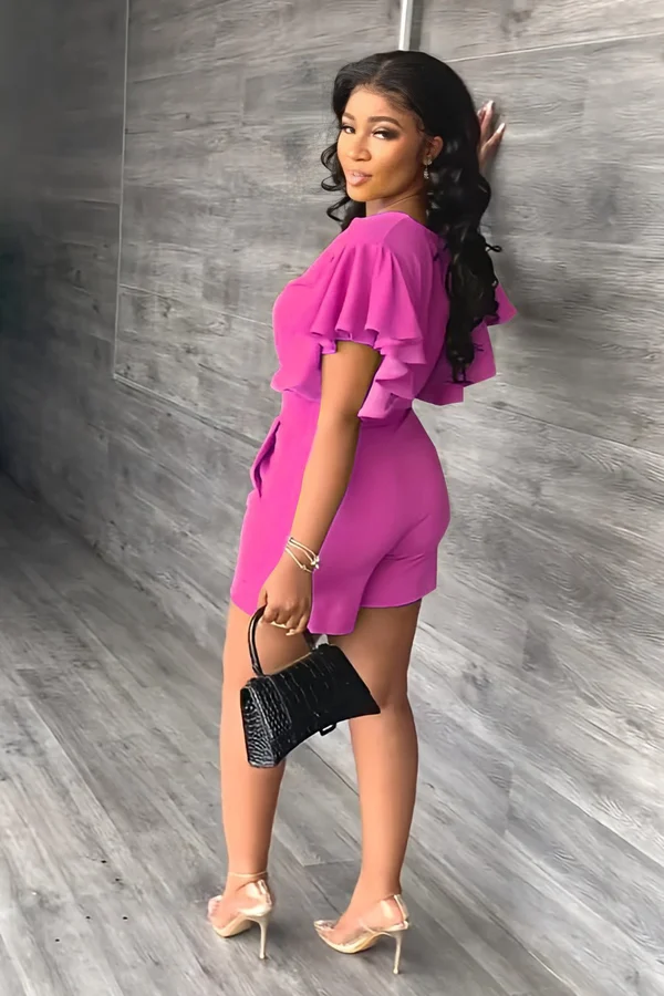 V Neck Ruffled Casual Two Piece Shorts Set - Image 3