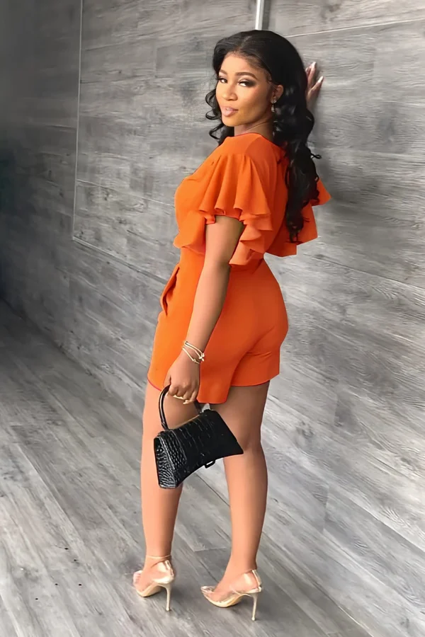 V Neck Ruffled Casual Two Piece Shorts Set - Image 16