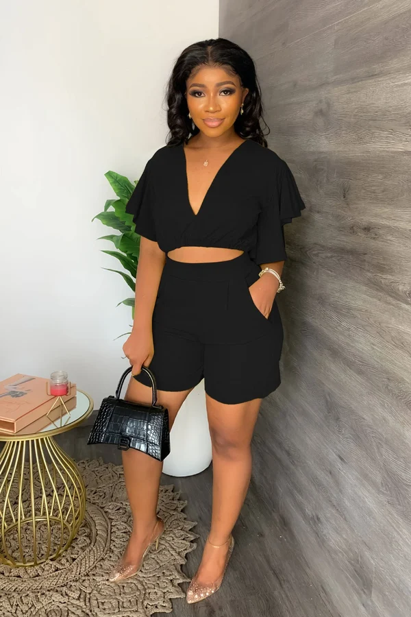 V Neck Ruffled Casual Two Piece Shorts Set - Image 14