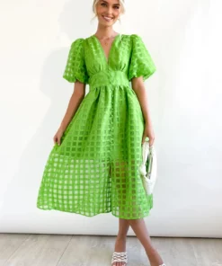 Beauty Square Patterned Fabric Puff Sleeve Midi Dress