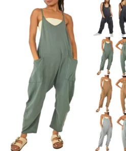 Womens Loose Sleeveless Jumpsuits Spaghetti Strap Stretchy Long Pant Romper Jumpsuit With Pockets Zipper