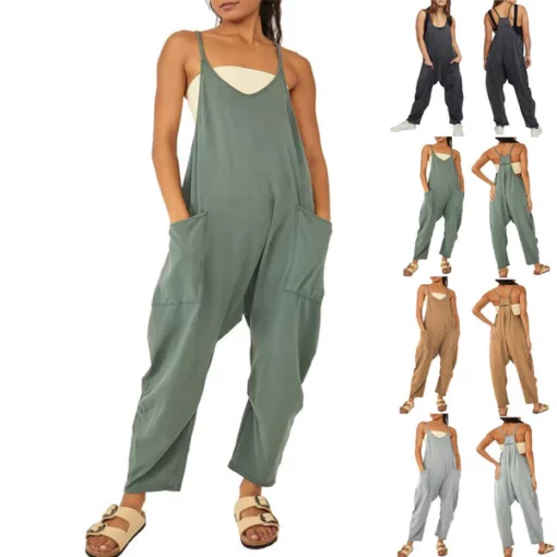 Womens Loose Sleeveless Jumpsuits Spaghetti Strap Stretchy Long Pant Romper Jumpsuit With Pockets Zipper