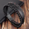 Natural Stone Obsidian Magnetic Buckle Mens Leather Bracelet