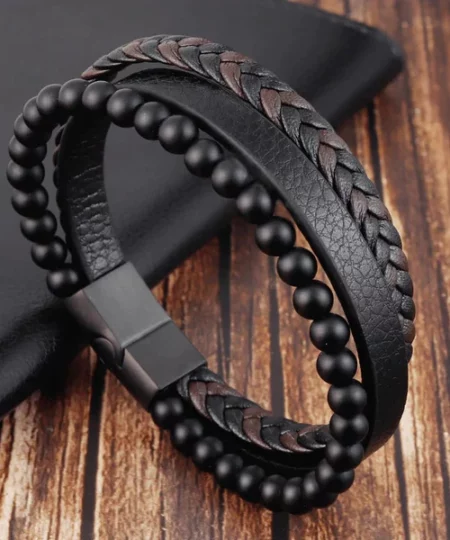 Natural Stone Obsidian Magnetic Buckle Mens Leather Bracelet