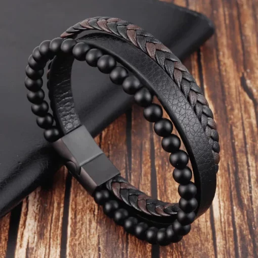 Natural Stone Obsidian Magnetic Buckle Mens Leather Bracelet