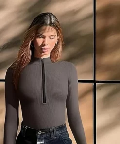 Half-zip ribbed knit bodysuit