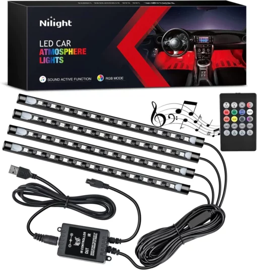 Nilight 48 LEDs Multicolor Music Car Strip Light Kit: Sound-Activated, Wireless Remote Control, and 4 USB Interior Lights for Dash Lighting