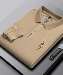 Mens Business Casual Embroidered Lapel Long Sleeve Polo Shirt