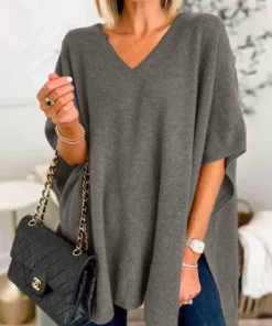 Chicest V Neck Loose Fit Solid Poncho Sweater