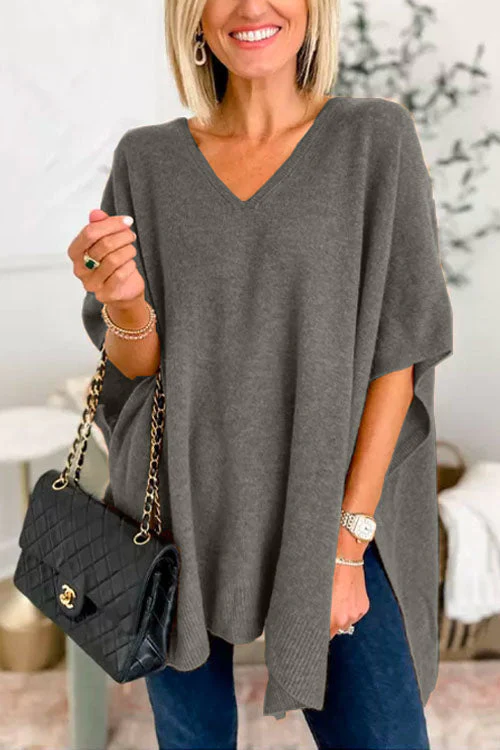 Chicest V Neck Loose Fit Solid Poncho Sweater