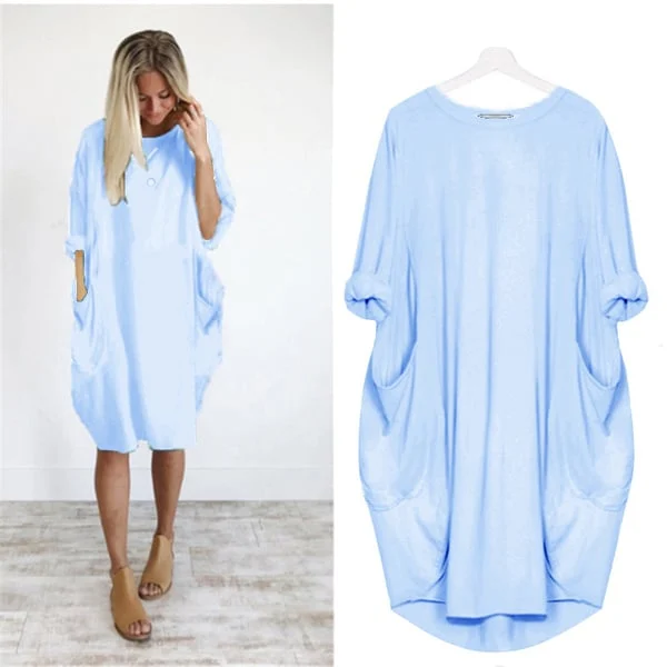 New In-17 Colors Women Casual Loose Pocket Long Sleeves Dress