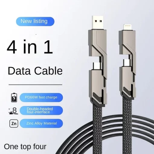 4-in-1 Flat Braided Anti-Tangle Charger Cord with Velcro