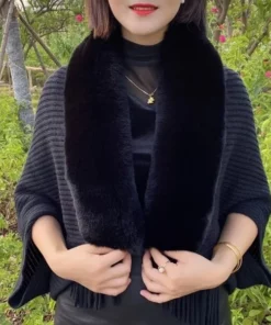 Winter Knit Fringe Fur Collar Shawl