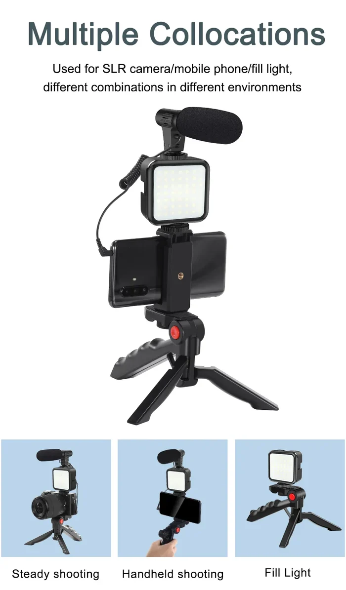 Professional Live Video Mobile Phone Photography Set with Fill Light Microphone Tripod