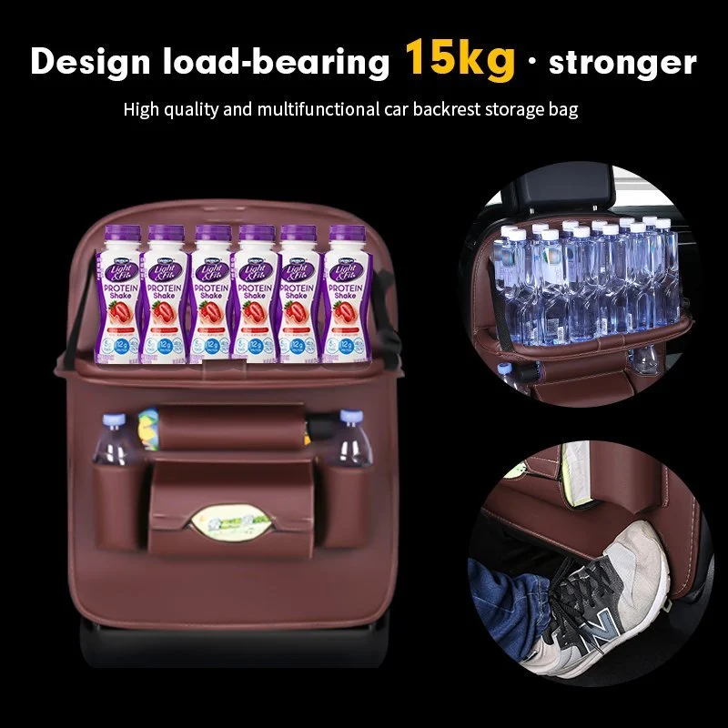 Car Back Seat Leather Organizer Storage Bag with Foldable Table - Image 2