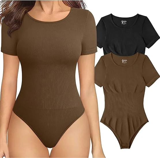 Womens One Piece Square Neck Short Sleeve Bodysuits - Image 2