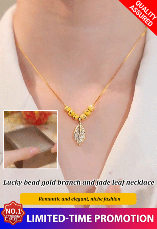 Lucky bead gold branch and jade leaf necklace