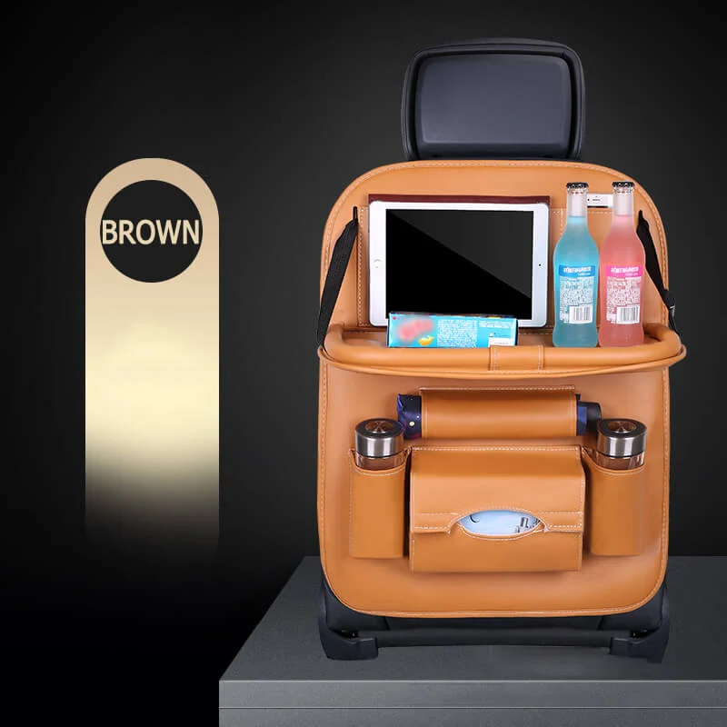 Car Back Seat Leather Organizer Storage Bag with Foldable Table - Image 5