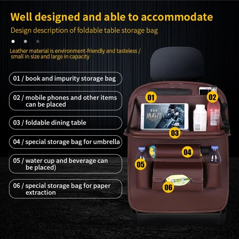 Car Back Seat Leather Organizer Storage Bag with Foldable Table - Image 8