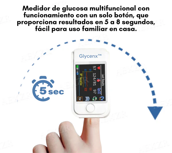Usa Glycenx™ Precisión Dispositivo Control de Glucosa para un monitoreo de glucosa sin dolor.
