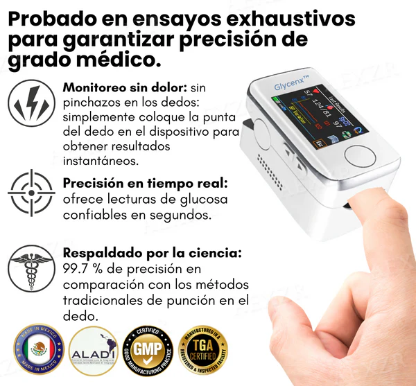 Glycenx™ Precisión Dispositivo Control de Glucosa: tecnología sin invasión para un control más fácil.