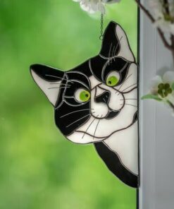 Handmade Stained Cat Suncatcher for Window - Elegant peeking cat design brightens up any room.