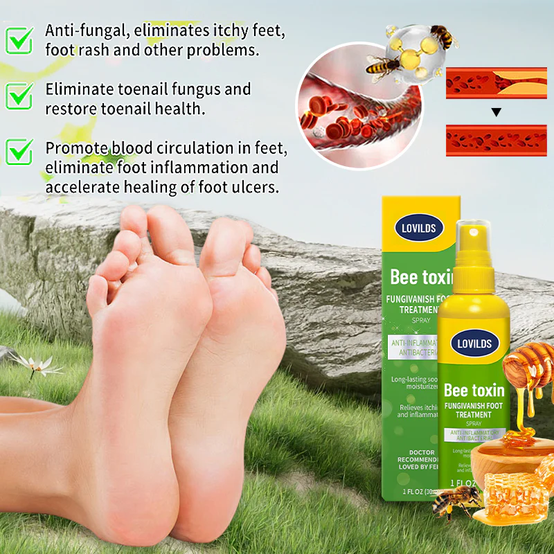 LOVILDS™ Royal Jelly MushroomVanish Foot Treatment Spray treats foot wounds caused by fungus.