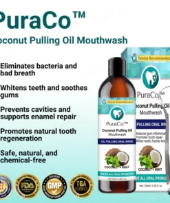 PuraCo™ Coconut Pulling Oil Mouthwash helps reduce plaque on teeth.