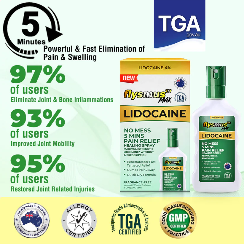 flysmus™ Lidocaine 5Mins Pain Relief Healing Spray alleviates pain and promotes healing.