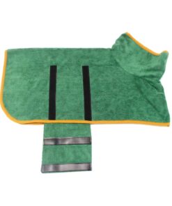 The Quick Drying Dog Coat features an easy-to-use magic tape closure for quick dressing and removal.
